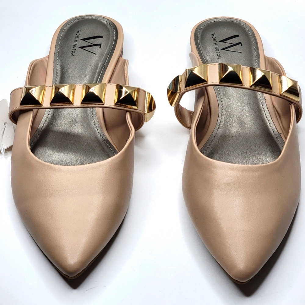 Worthington Beige Gold Stud Elegant Pointed Toe Mules Size 9.5M Beach Vacation